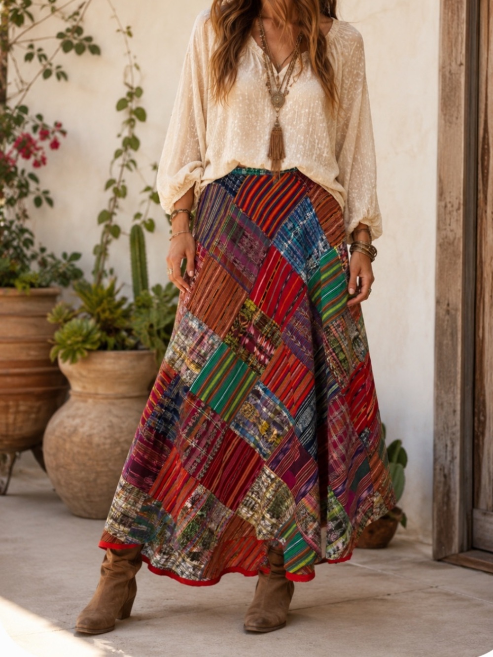 Kashken Boho Patchwork Cotton Maxi Skirt